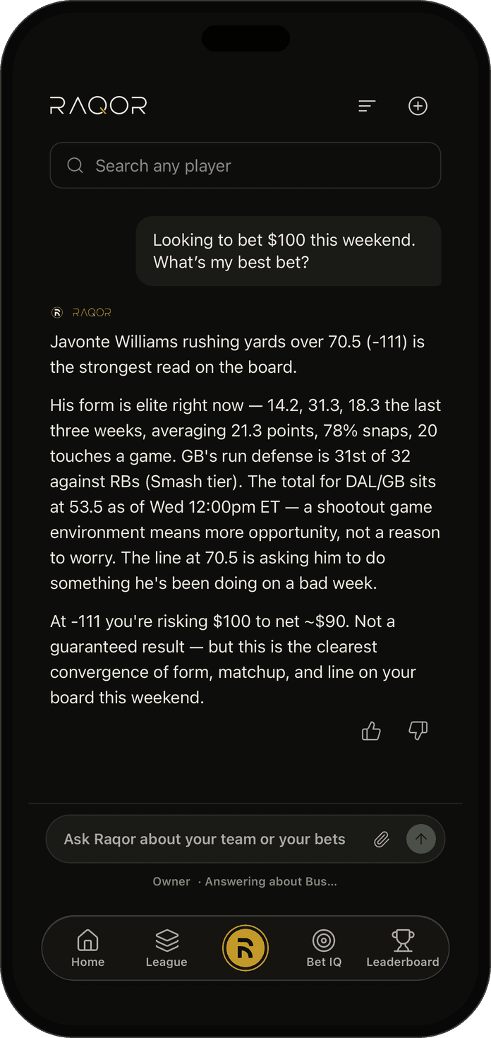 Raqor answering “Looking to bet $100 this weekend. What’s my best bet?” with a rushing yards over, the matchup behind it and what $100 returns.