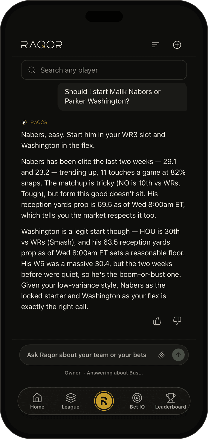 Raqor answering “Should I start Malik Nabers or Parker Washington?” with the matchup, the live reception yards line and a note on the user’s low-variance style.