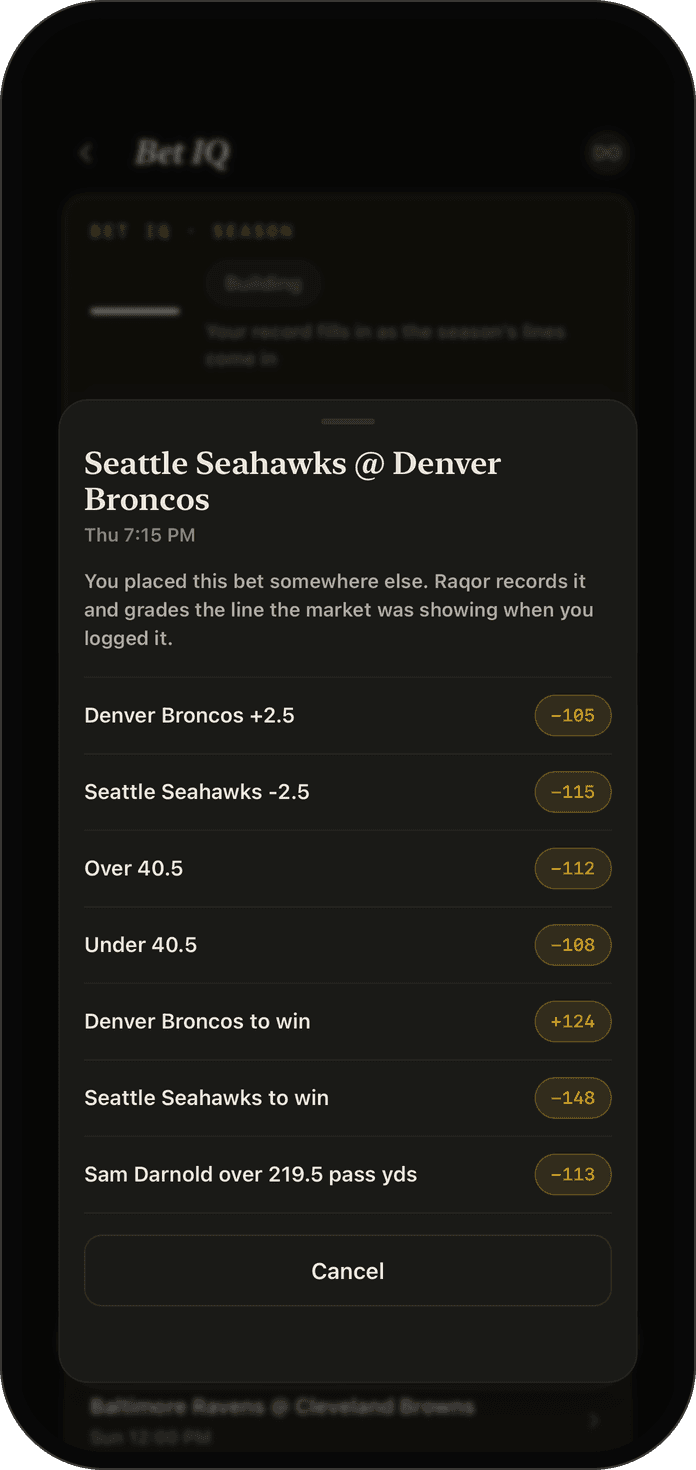 Raqor’s Bet IQ screen logging a bet on Seattle Seahawks at Denver Broncos, with every line on the game and its price, and Over 40.5 selected.